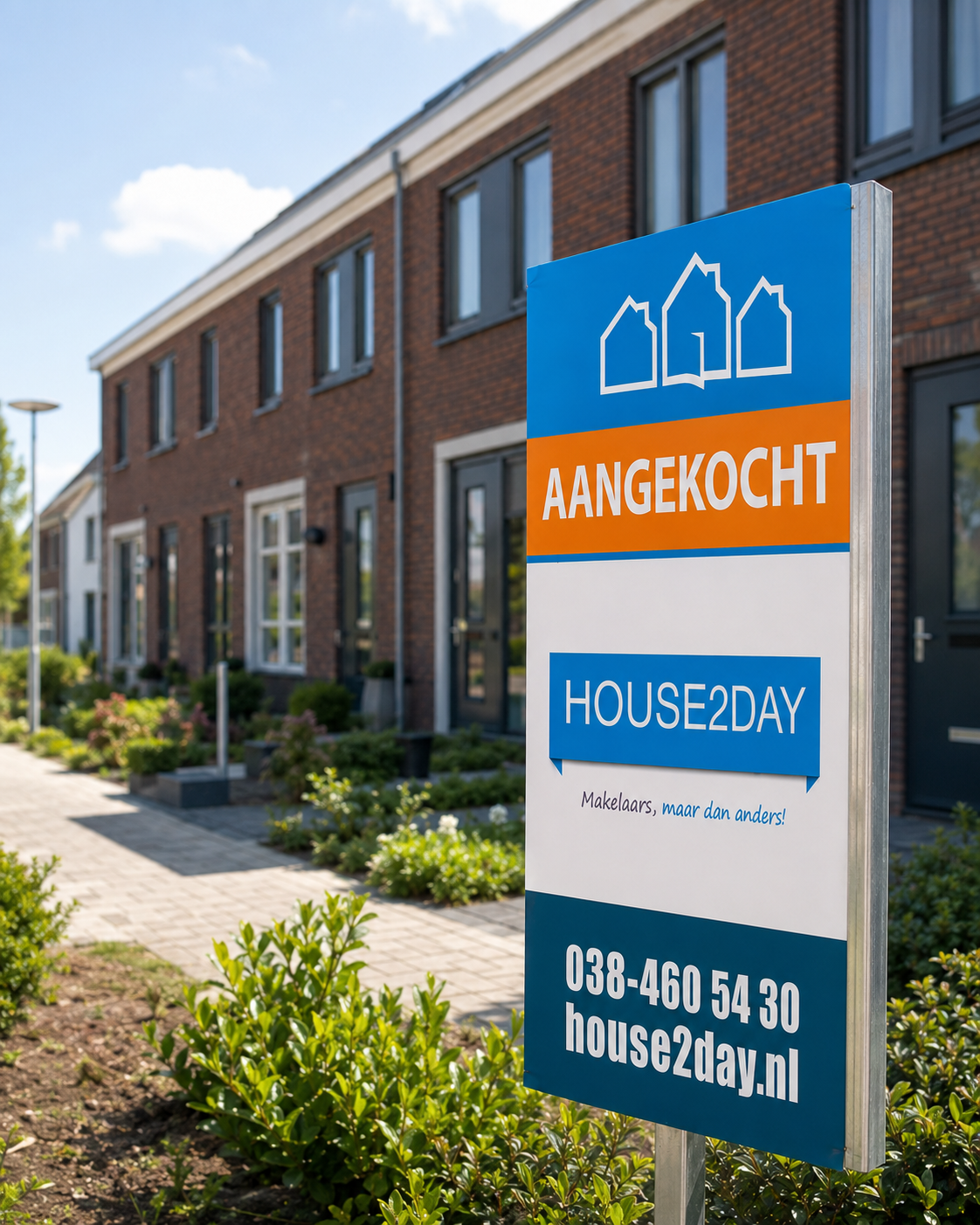 Aangekocht-bord van House2Day Makelaars voor een woning in Zwolle